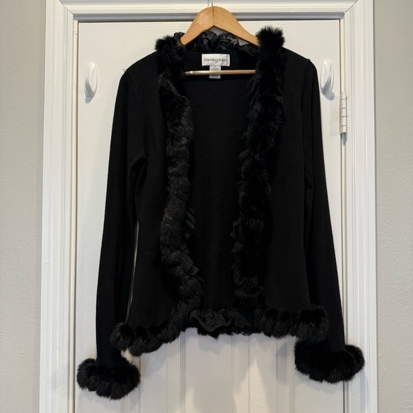 Vtg Bloomingdale’s Cardigan Women’s M Black Cashmere Silk Fur Lace Trim Y2K 90s - Picture 1 of 8